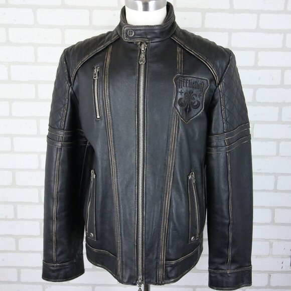 Affliction Black Premium Limited Leather Jacket Mens L fits Slim Cross Back Moto - Picture 2 of 16